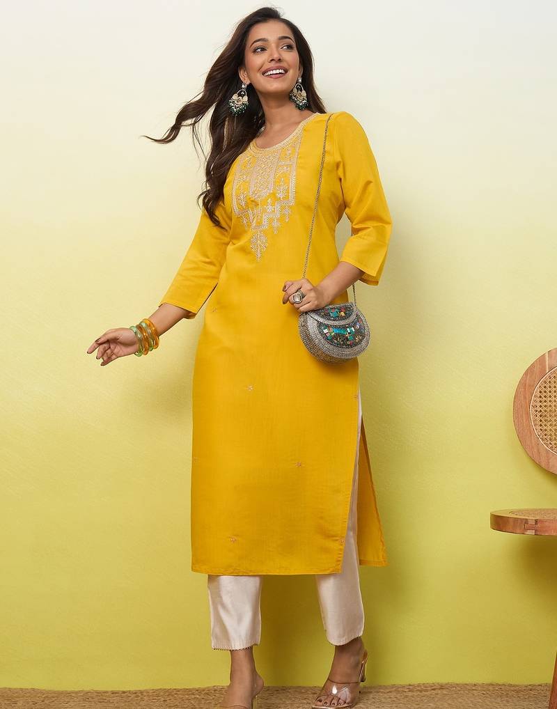 Floral embroidered silk blend v neck kurti for women