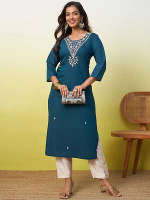 Floral embroidered silk blend v neck kurti for women 1