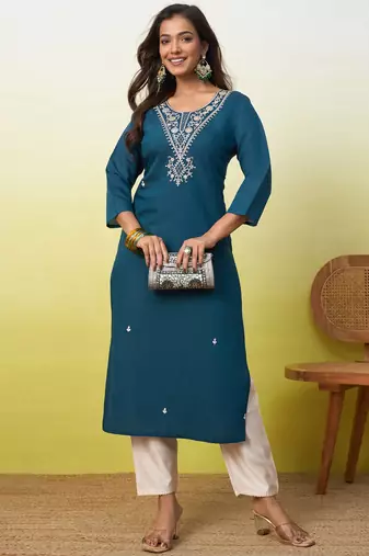 Floral embroidered silk blend v neck kurti for women