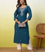 Floral embroidered silk blend v neck kurti for women