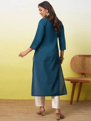 Floral embroidered silk blend v neck kurti for women 2