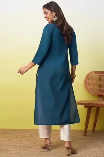 Floral embroidered silk blend v neck kurti for women