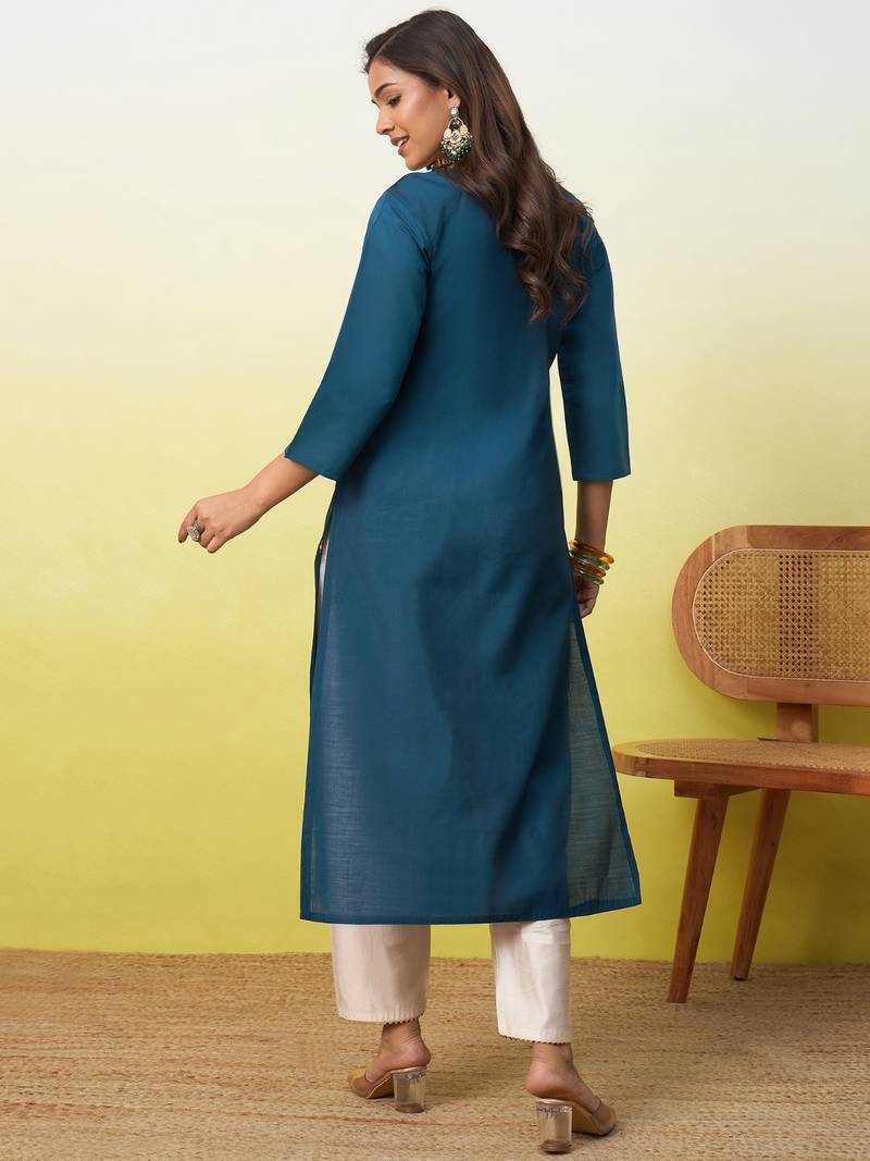 Floral embroidered silk blend v neck kurti for women