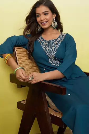 Floral embroidered silk blend v neck kurti for women