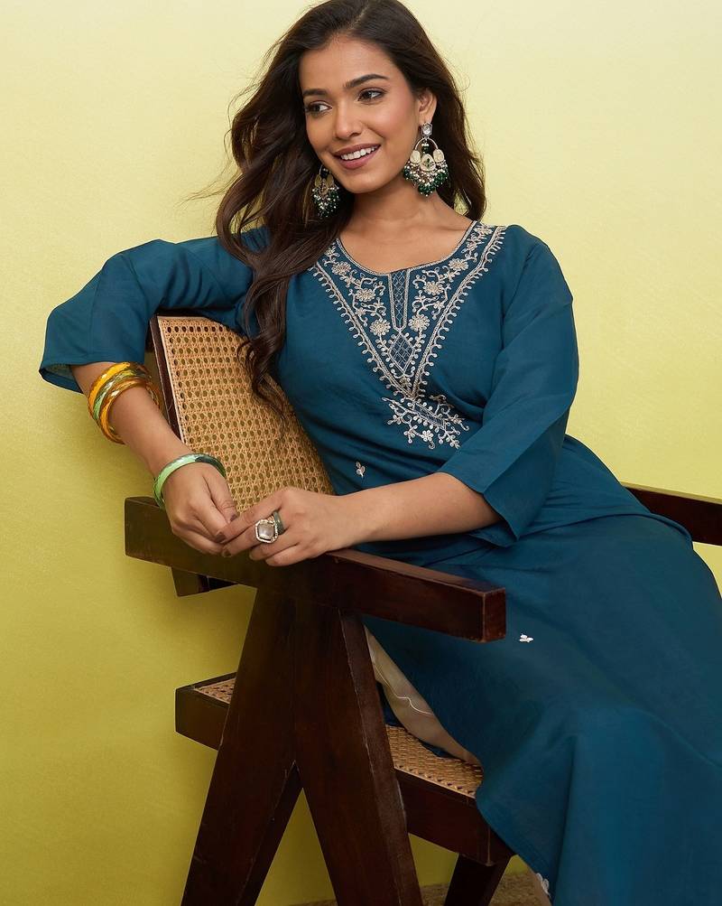 Floral embroidered silk blend v neck kurti for women
