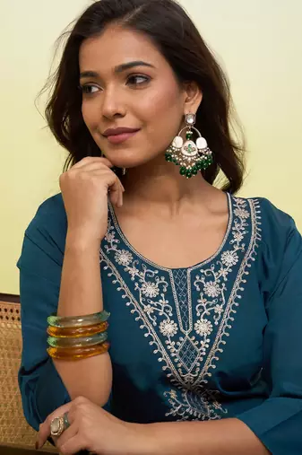 Floral embroidered silk blend v neck kurti for women