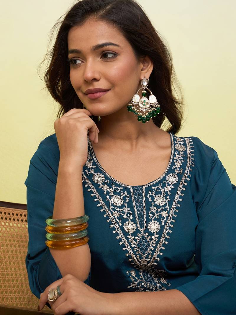 Floral embroidered silk blend v neck kurti for women