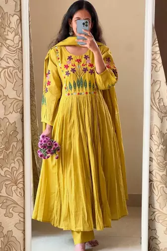 Women's Mustard Cotton Blend Embroidered Kurta Pant Dupatta Set