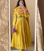 Women's Mustard Cotton Blend Embroidered Kurta Pant Dupatta Set