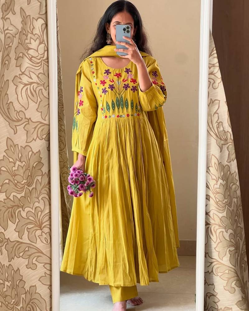 Women's Mustard Cotton Blend Embroidered Kurta Pant Dupatta Set