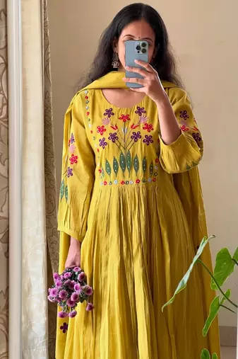 Women's Mustard Cotton Blend Embroidered Kurta Pant Dupatta Set