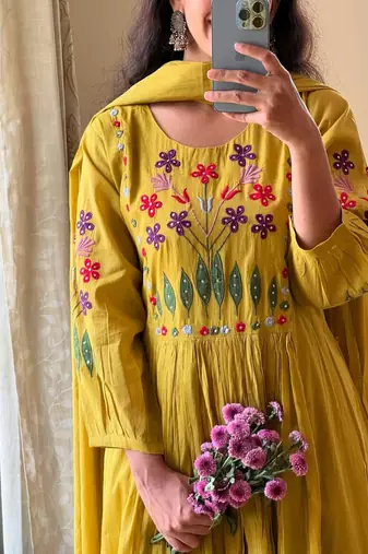 Women's Mustard Cotton Blend Embroidered Kurta Pant Dupatta Set
