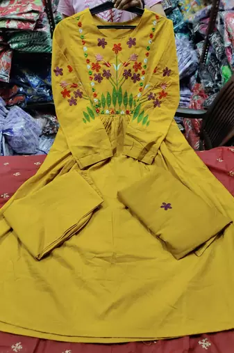 Women's Mustard Cotton Blend Embroidered Kurta Pant Dupatta Set