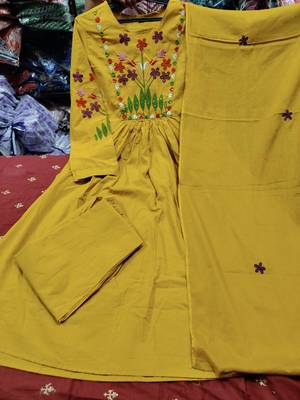 Women's Mustard Cotton Blend Embroidered Kurta Pant Dupatta Set 5