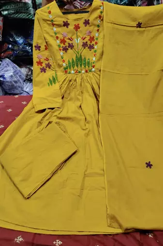 Women's Mustard Cotton Blend Embroidered Kurta Pant Dupatta Set