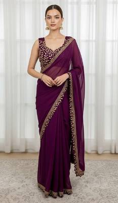 Purple silk embroidered sequins work heavy look ethnic saree with blouse 1