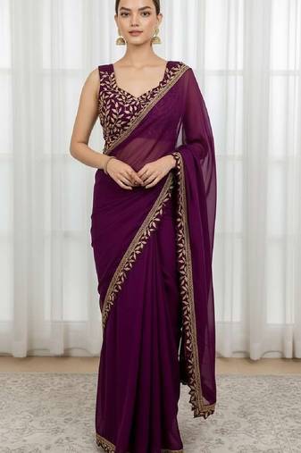 Purple silk embroidered sequins work heavy look ethnic saree with blouse