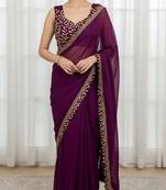 Purple silk embroidered sequins work heavy look ethnic saree with blouse