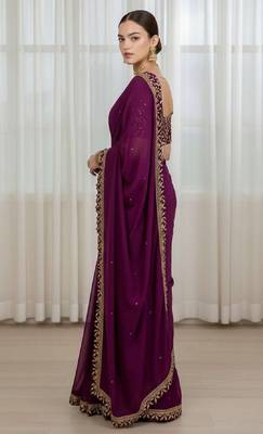 Purple silk embroidered sequins work heavy look ethnic saree with blouse 3