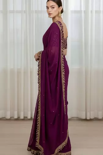 Purple silk embroidered sequins work heavy look ethnic saree with blouse