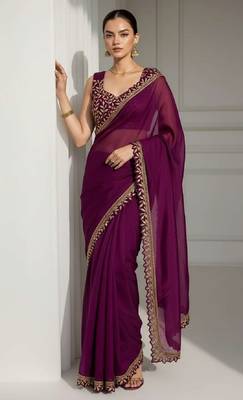 Purple silk embroidered sequins work heavy look ethnic saree with blouse 4