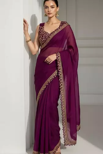 Purple silk embroidered sequins work heavy look ethnic saree with blouse