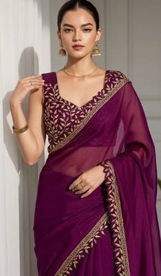 Purple silk embroidered sequins work heavy look ethnic saree with blouse 5