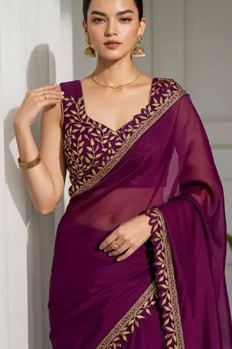 Purple silk embroidered sequins work heavy look ethnic saree with blouse