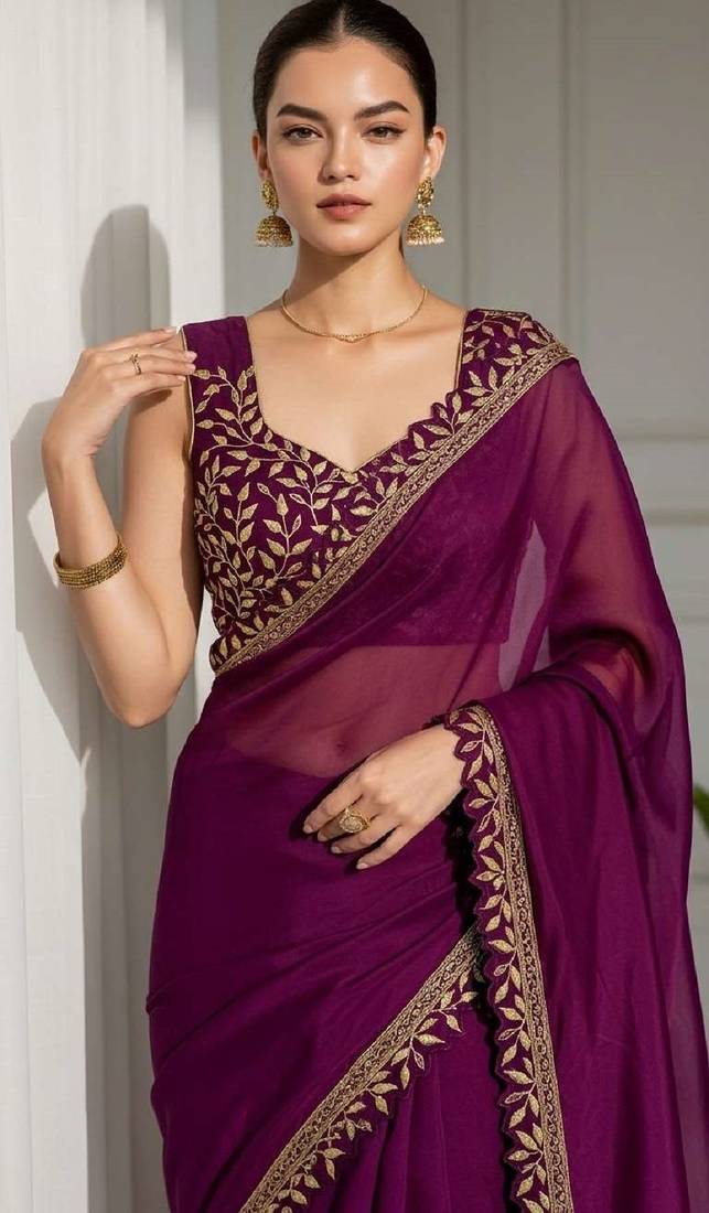 Purple silk embroidered sequins work heavy look ethnic saree with blouse