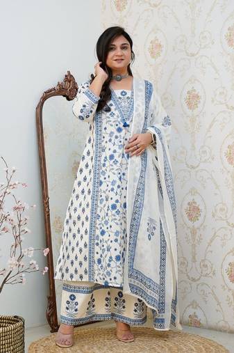 Women's White & Blue Floral Printed Cotton Blend Kurta Pant Dupatta Set