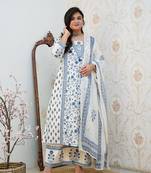 Women's White & Blue Floral Printed Cotton Blend Kurta Pant Dupatta Set