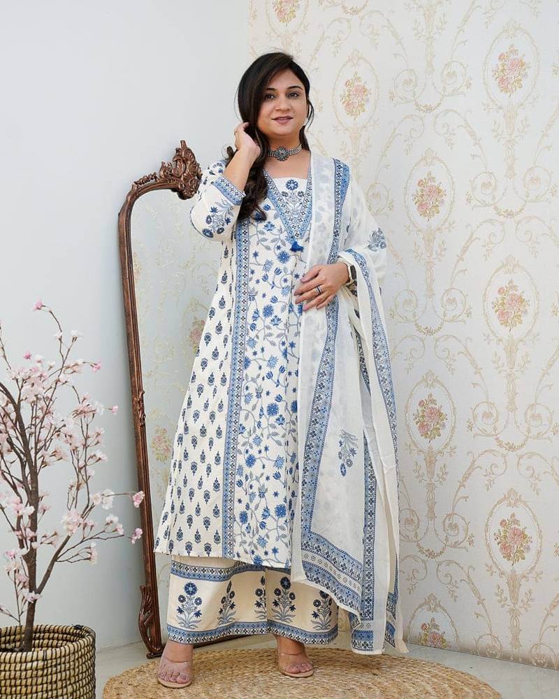 Women's White & Blue Floral Printed Cotton Blend Kurta Pant Dupatta Set