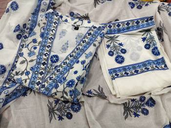 Women's White & Blue Floral Printed Cotton Blend Kurta Pant Dupatta Set 4