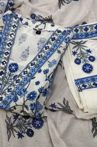 Women's White & Blue Floral Printed Cotton Blend Kurta Pant Dupatta Set