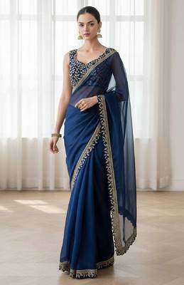 Teal silk embroidered sequins work heavy look ethnic saree with blouse 1