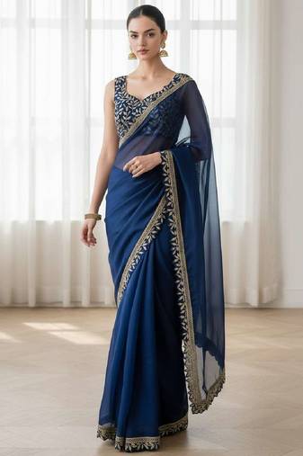 Teal silk embroidered sequins work heavy look ethnic saree with blouse