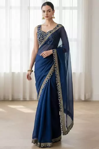 Teal silk embroidered sequins work heavy look ethnic saree with blouse