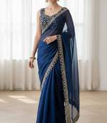 Teal silk embroidered sequins work heavy look ethnic saree with blouse