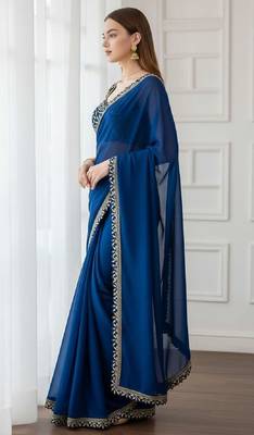 Teal silk embroidered sequins work heavy look ethnic saree with blouse 2