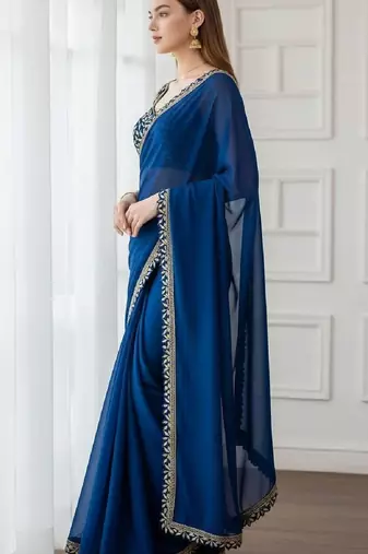 Teal silk embroidered sequins work heavy look ethnic saree with blouse