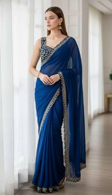 Teal silk embroidered sequins work heavy look ethnic saree with blouse 3
