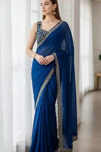 Teal silk embroidered sequins work heavy look ethnic saree with blouse