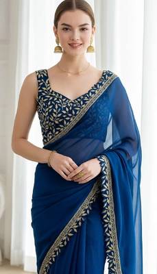 Teal silk embroidered sequins work heavy look ethnic saree with blouse 4