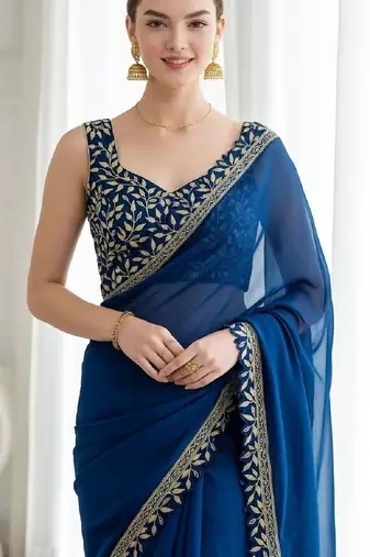Teal silk embroidered sequins work heavy look ethnic saree with blouse