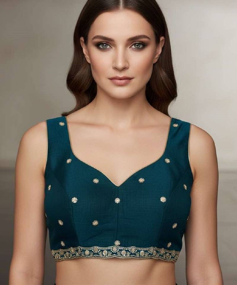 Blue chiffon embroidered zari work heavy look ethnic saree with blouse