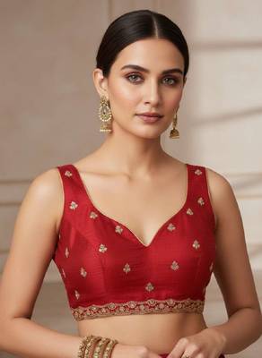 Red chiffon embroidered zari work heavy look ethnic saree with blouse 5