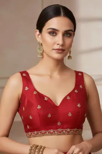 Red chiffon embroidered zari work heavy look ethnic saree with blouse