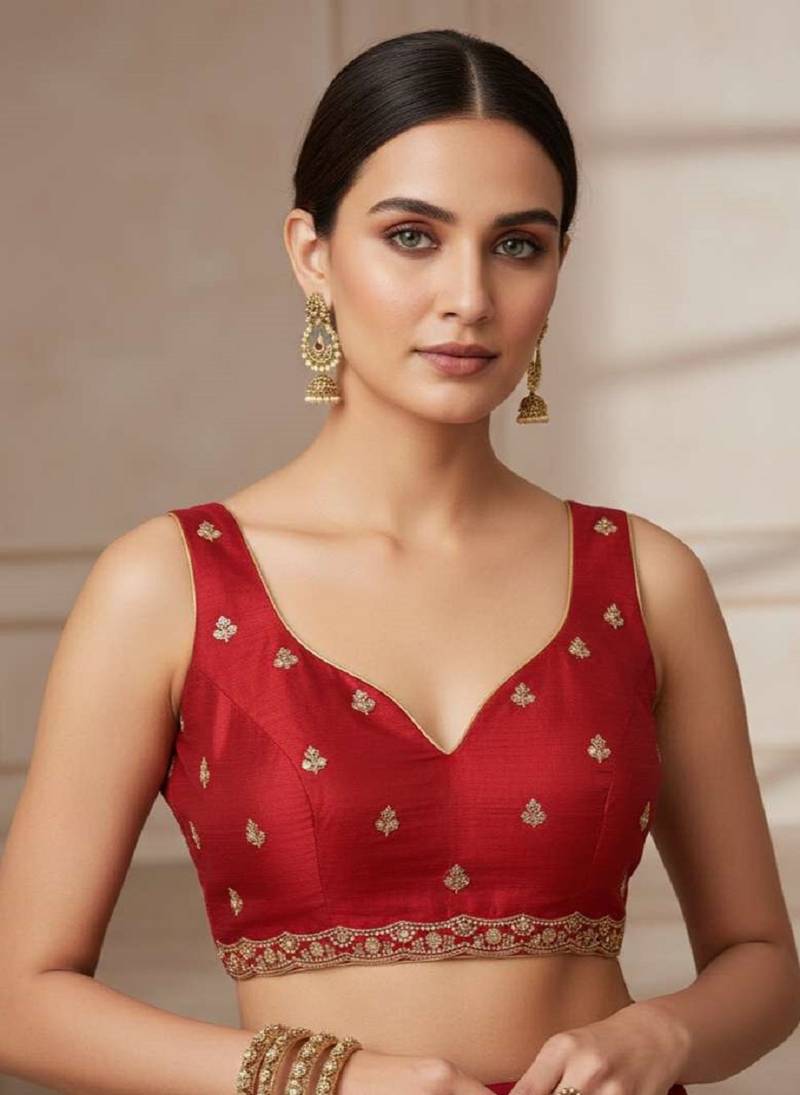 Red chiffon embroidered zari work heavy look ethnic saree with blouse