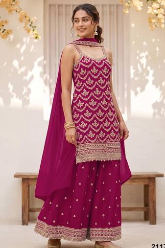 red chinon semi stitched suit with embroidery & sequence work