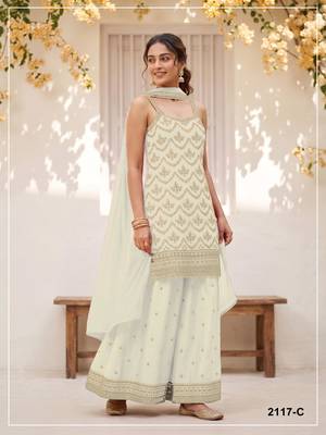 white chinon semi stitched suit with embroidery & sequence work 1